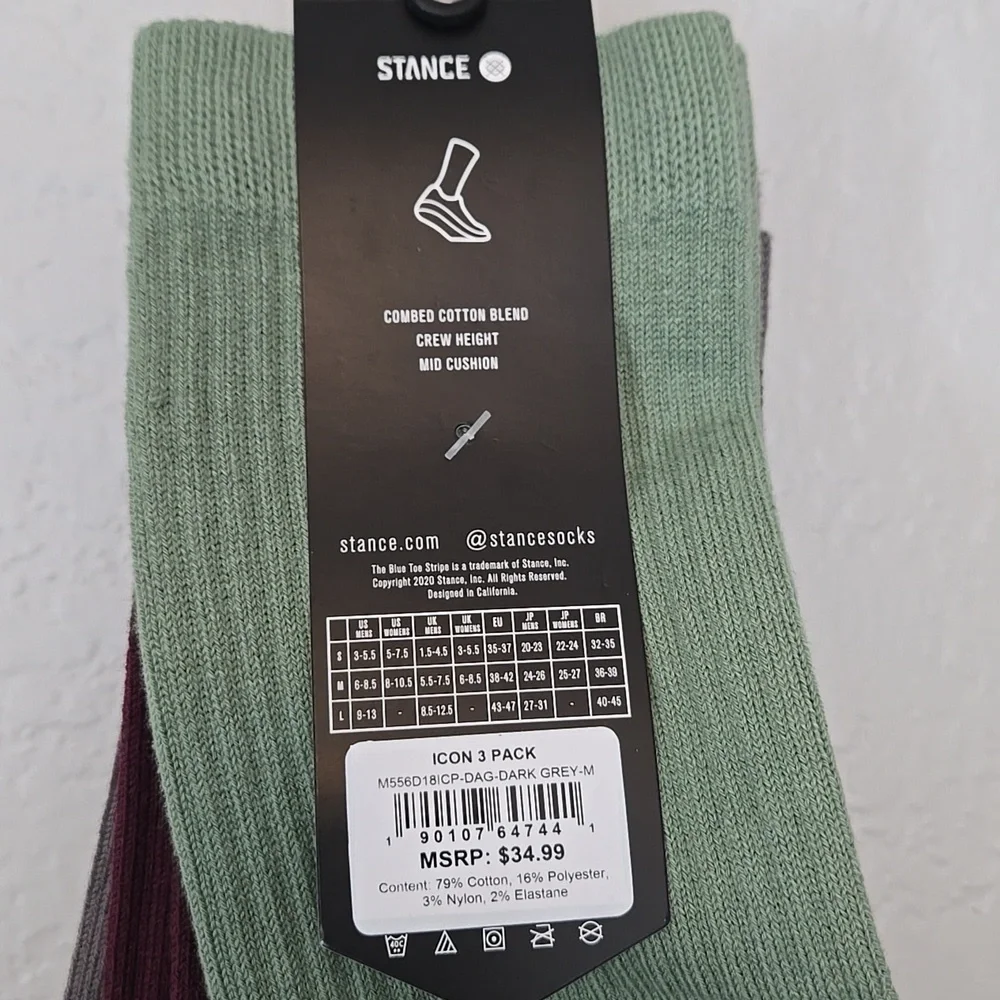 Stance 3-Pack Casual Crew Socks - Gray, Burgundy & Sage, Cotton, Medium